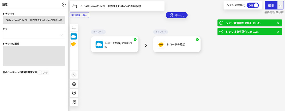 kintone×Salesforce連携シナリオ有効化画面1